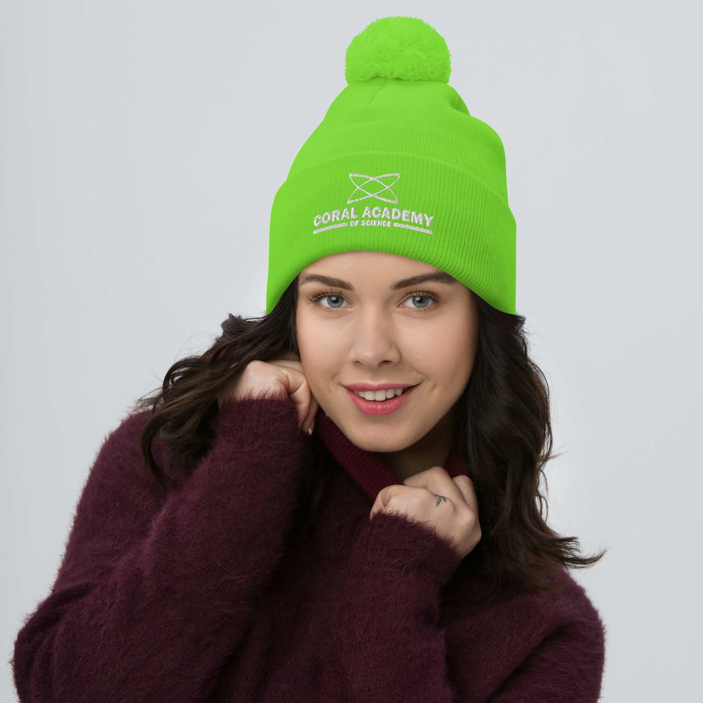 Coral Academy Embroidered Pom-Pom Beanie