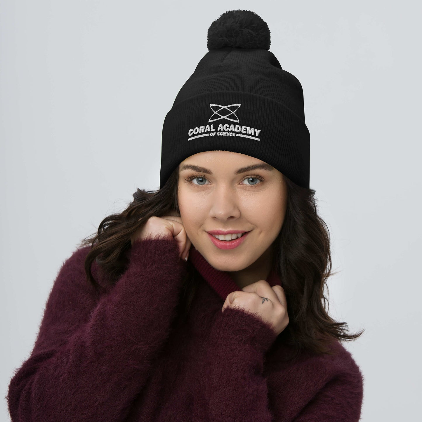 Coral Academy Embroidered Pom-Pom Beanie