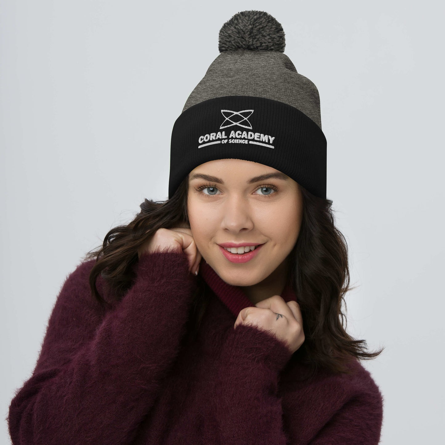 Coral Academy Embroidered Pom-Pom Beanie