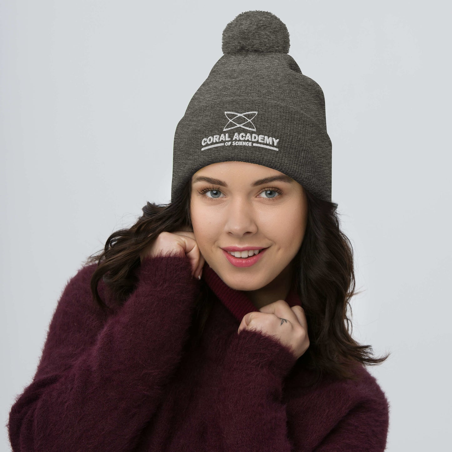 Coral Academy Embroidered Pom-Pom Beanie
