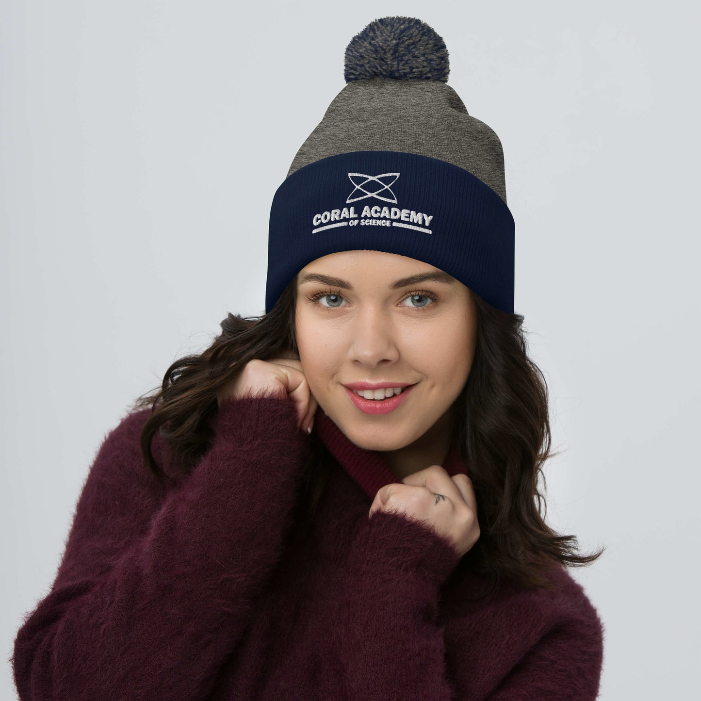 Coral Academy Embroidered Pom-Pom Beanie