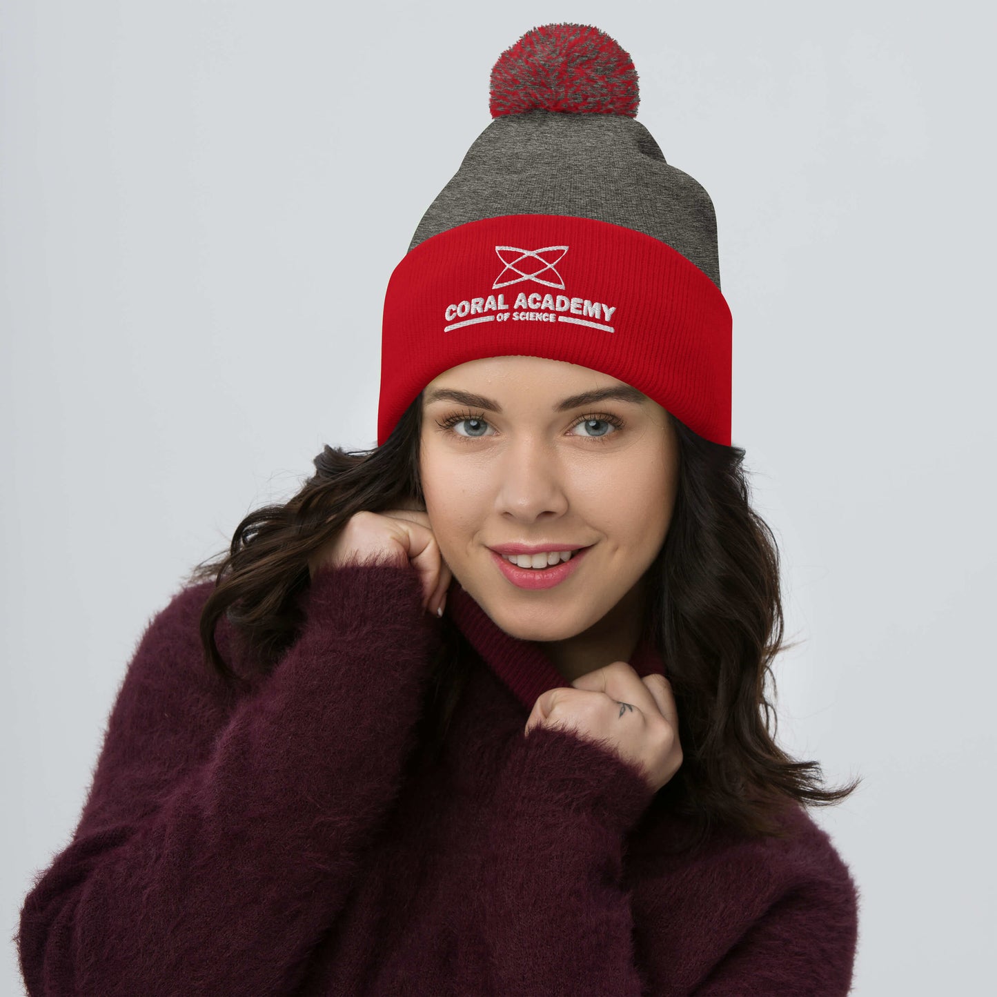 Coral Academy Embroidered Pom-Pom Beanie