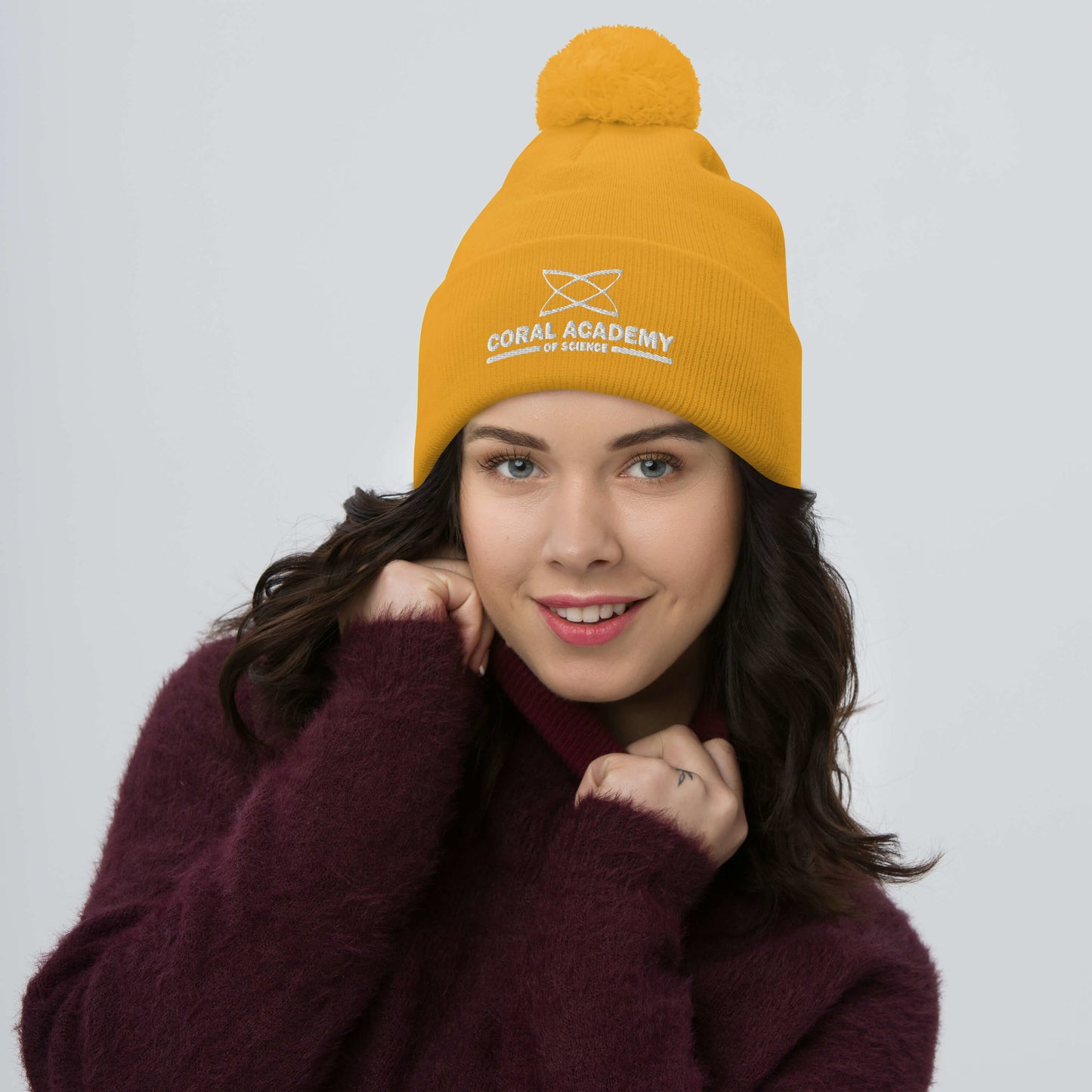 Coral Academy Embroidered Pom-Pom Beanie