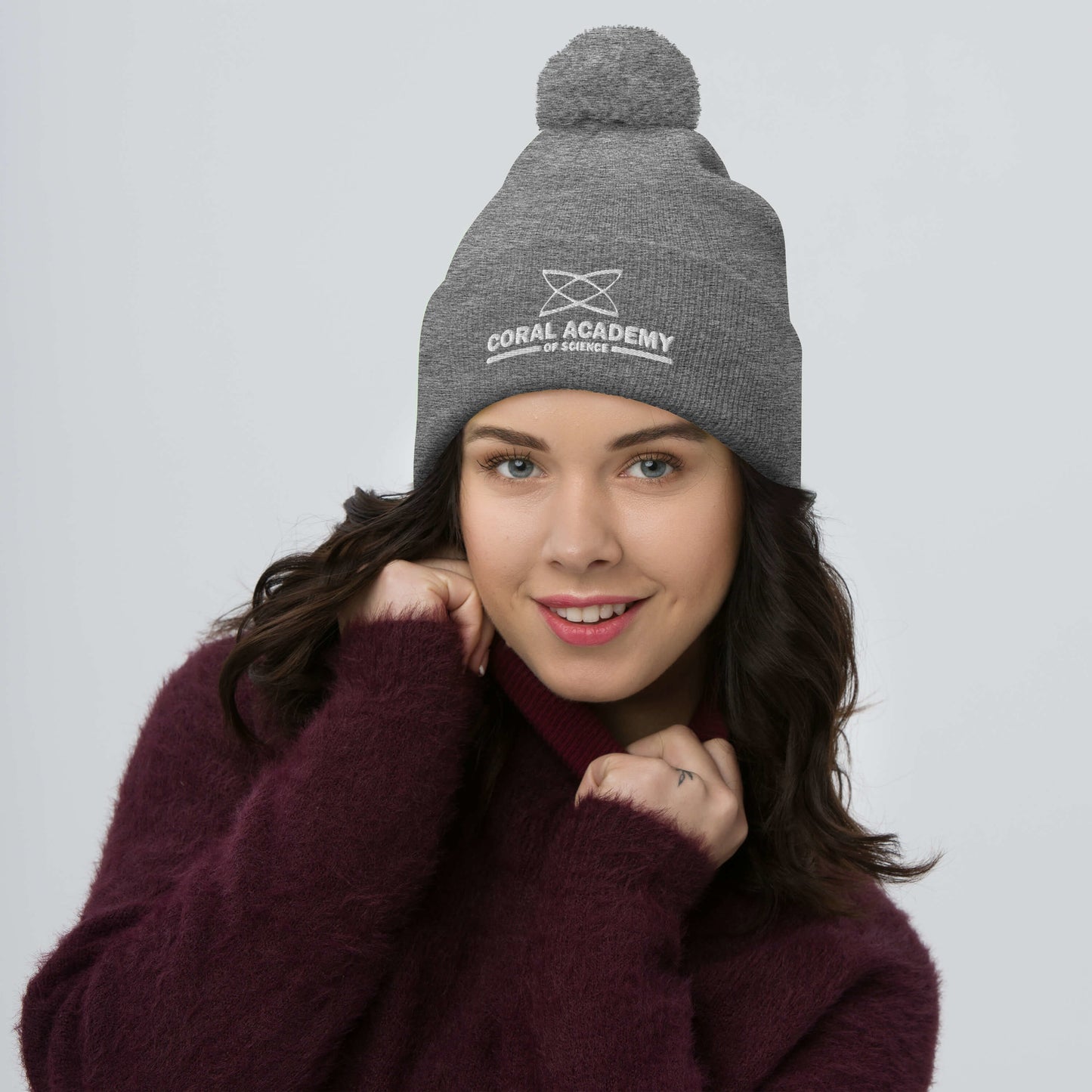 Coral Academy Embroidered Pom-Pom Beanie