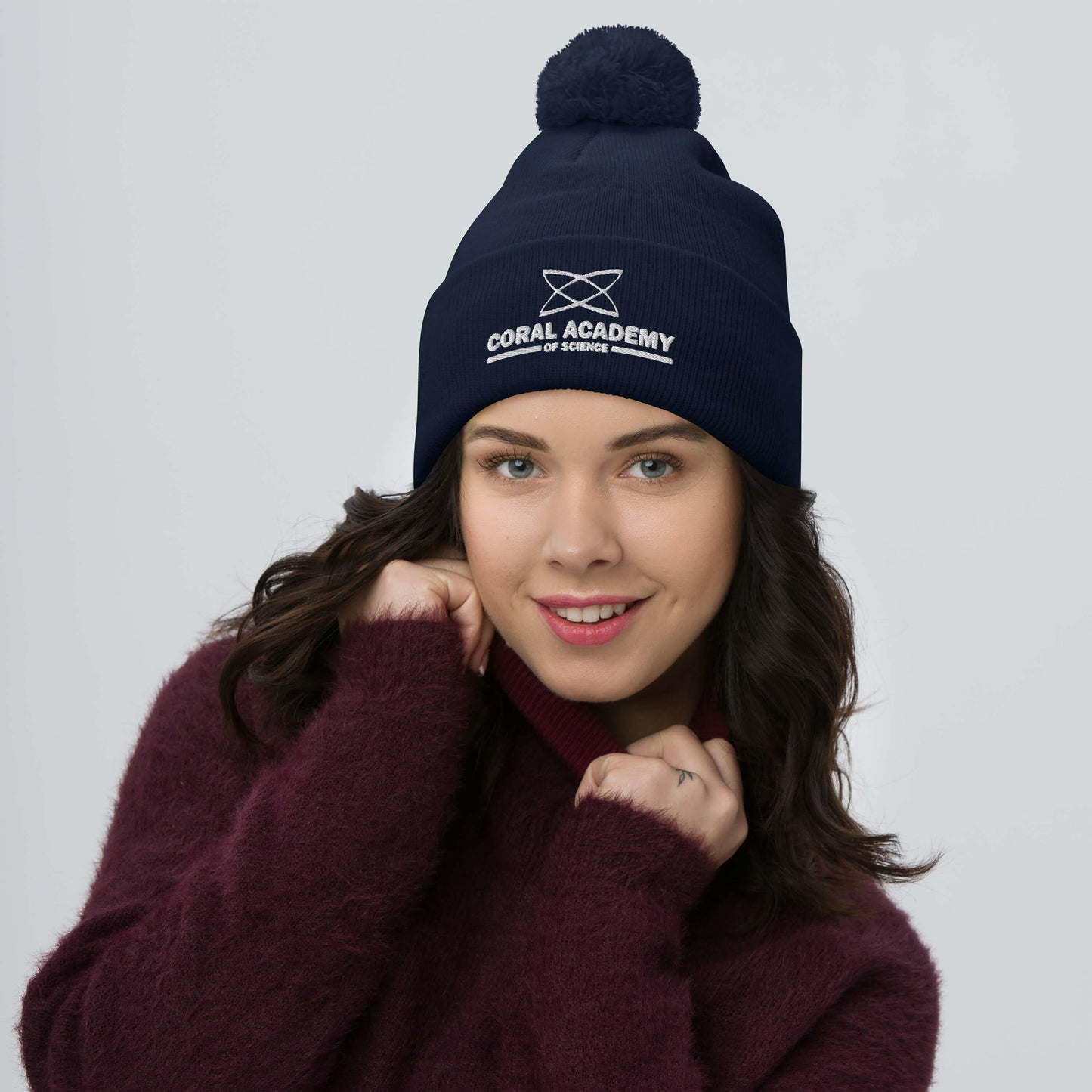 Coral Academy Embroidered Pom-Pom Beanie