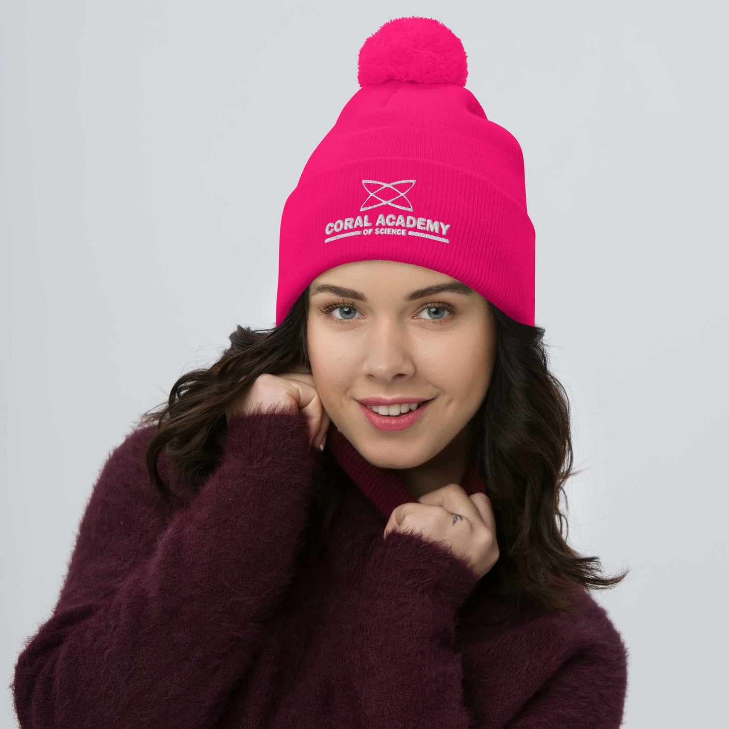 Coral Academy Embroidered Pom-Pom Beanie