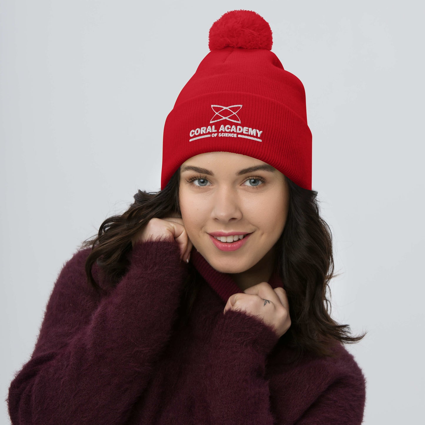 Coral Academy Embroidered Pom-Pom Beanie