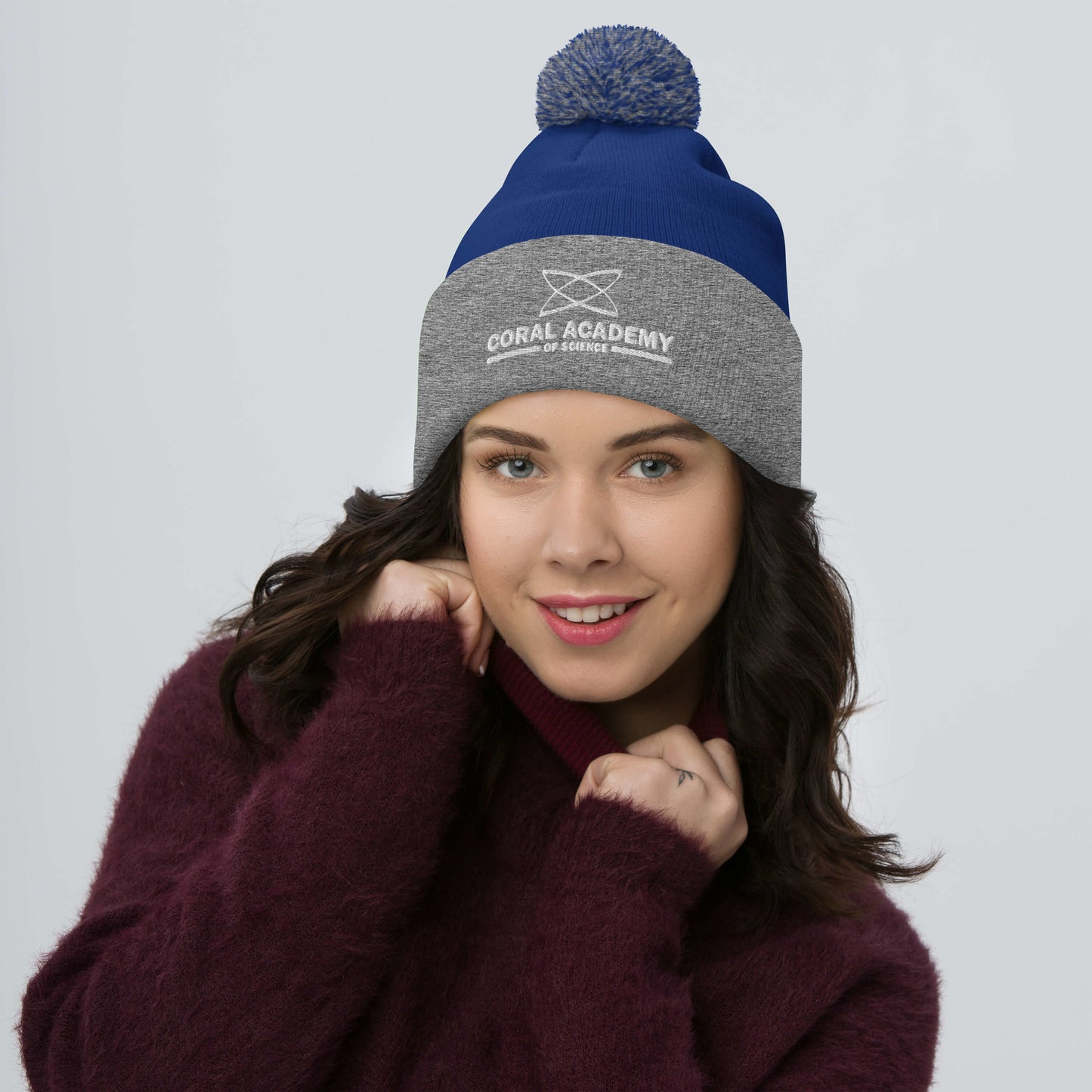 Coral Academy Embroidered Pom-Pom Beanie